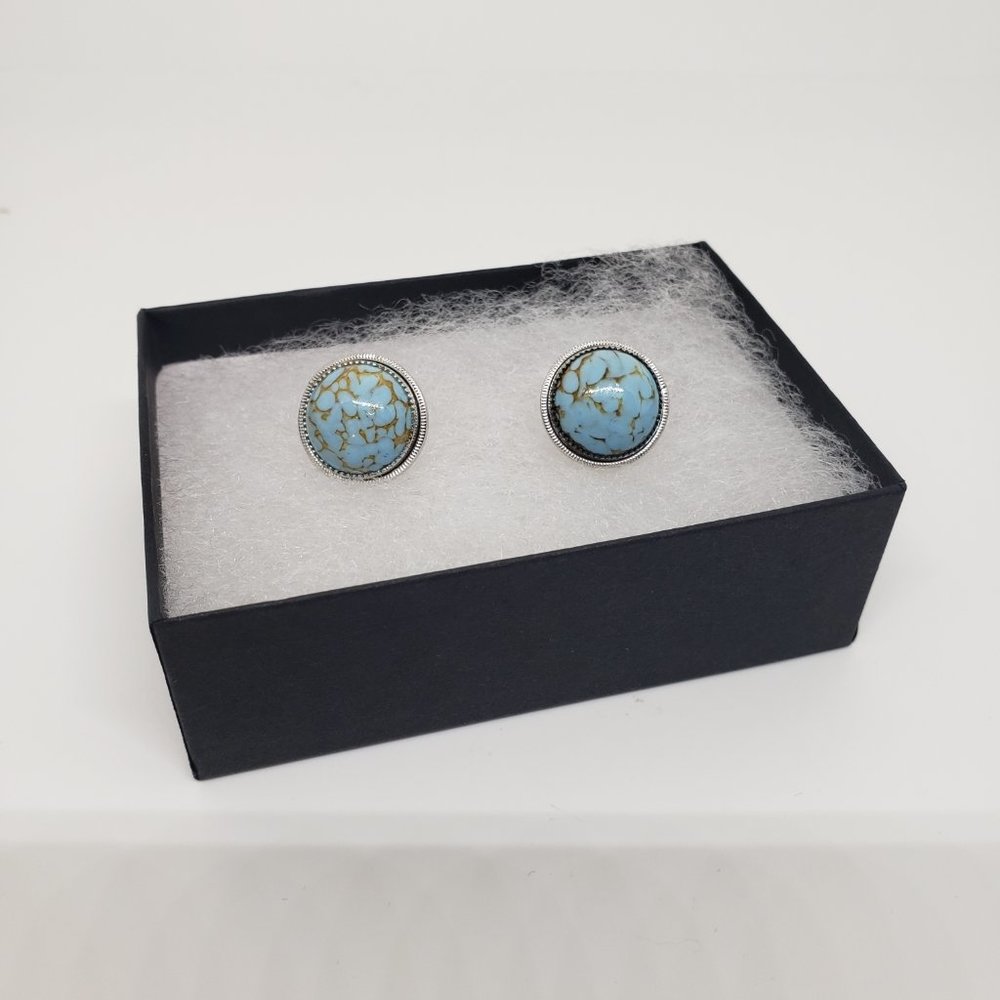 Vintage Blue Turquoise Silver Round Stud Earrings - Picture 3 of 7